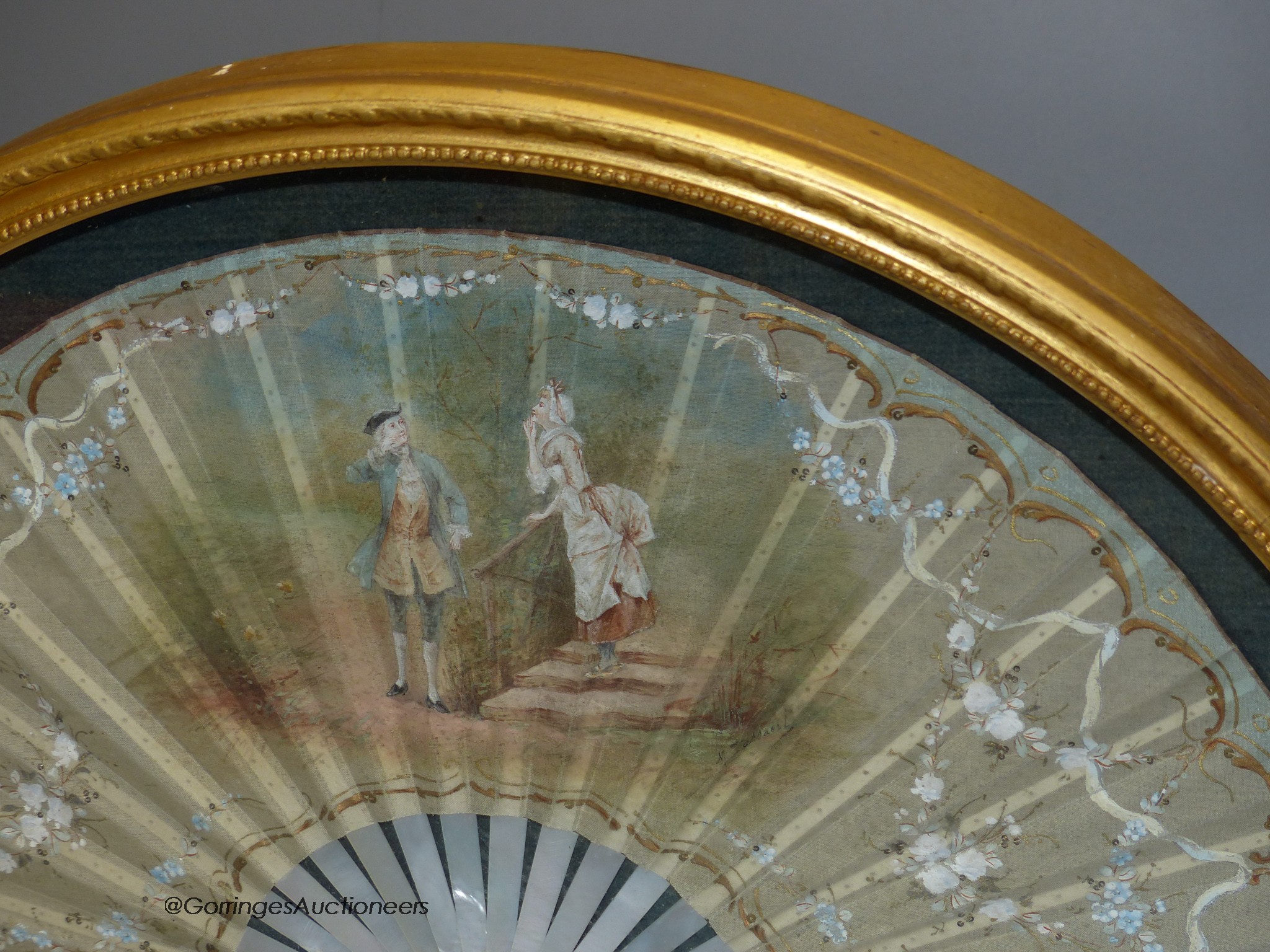 A late 19th century French painted silk fan, 39 x 20cm, cased